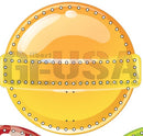 Glossy orange impression lollipop badge with yellow strap featuring white dots, not red white stripe or brown tan stripe