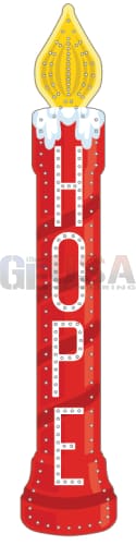 Red laser cut impression candle by gilbert engineering usa shaped like a red candle with hope text and yellow flame