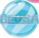 Impression lollipop with glossy translucent light blue sphere featuring white stitching and black dots, no red white stripe or brown tan stripe visible