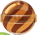 Impression lollipop with glossy round shape, swirling brown tan stripes, and white dots along its seams