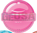 Impression lollipop pink glossy candy-shaped object with white dot detailing and horizontal strap