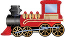 Red and black impression steam locomotive with gold accents and decorative rivets by gilbert engineering usa