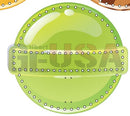 Impression lollipop glossy lime green sphere with white dots and matching horizontal band, no red white stripe or brown tan stripe