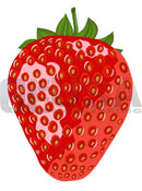 A vibrant red impression strawberry with glossy surface, golden seeds, green leaves perfect for chocolate dipped treats