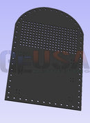 Black perforated metal panel with arched top and laser cut holes for impression tombstones by gilbert engineering usa