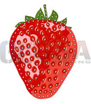 Red strawberry-shaped decorative item with green leafy top and dotted texture from impression strawberries collection