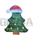 A festive green impression singing tree ornament with colorful lights and laser cut details topped with a red santa hat by gilbert engineering usa